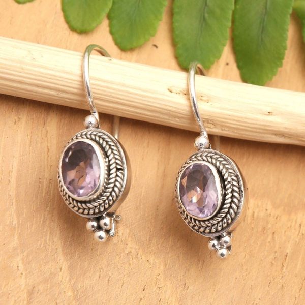 Alternate image for Traditional Sterling Silver Drop Earrings with Amethyst Gems Virtue of the Wise