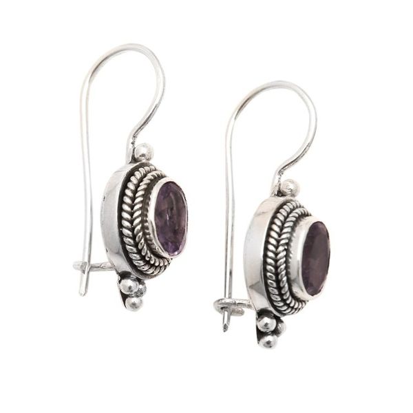 Alternate image for Traditional Sterling Silver Drop Earrings with Amethyst Gems Virtue of the Wise