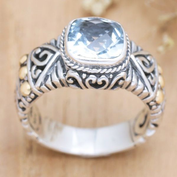 Alternate image for 18k Gold-Accented Cocktail Ring with Blue Topaz Stone Sparkle Jungle