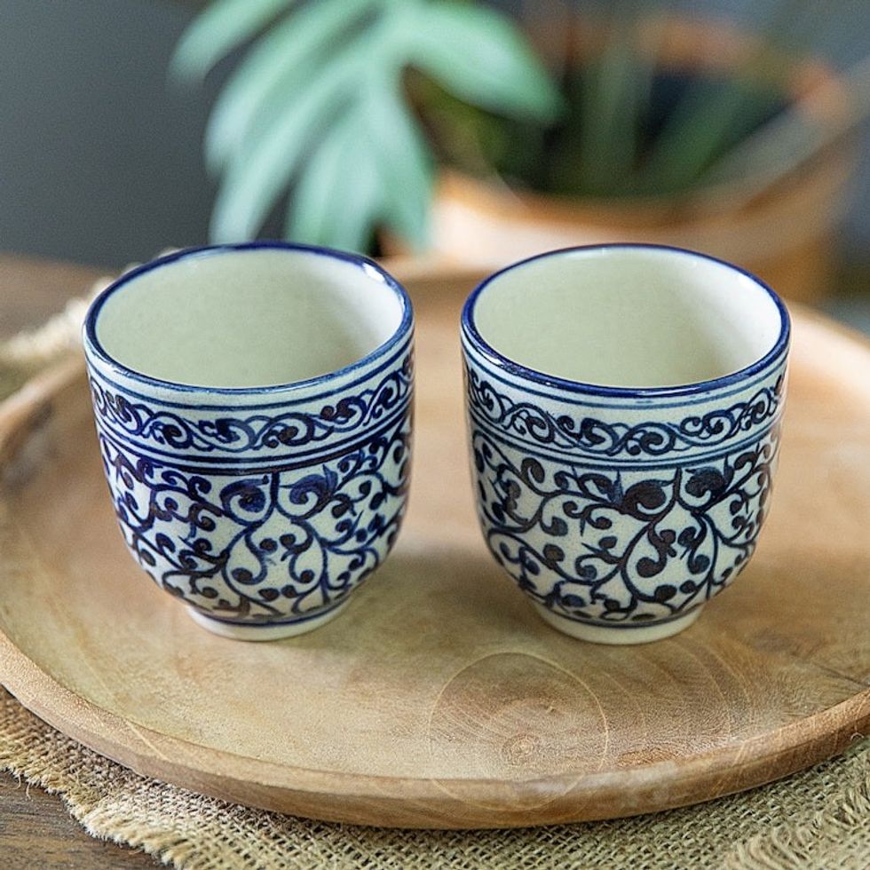 Set of 2 Handcrafted Classic Ceramic Cups in Blue and White 'Palatial Mornings'