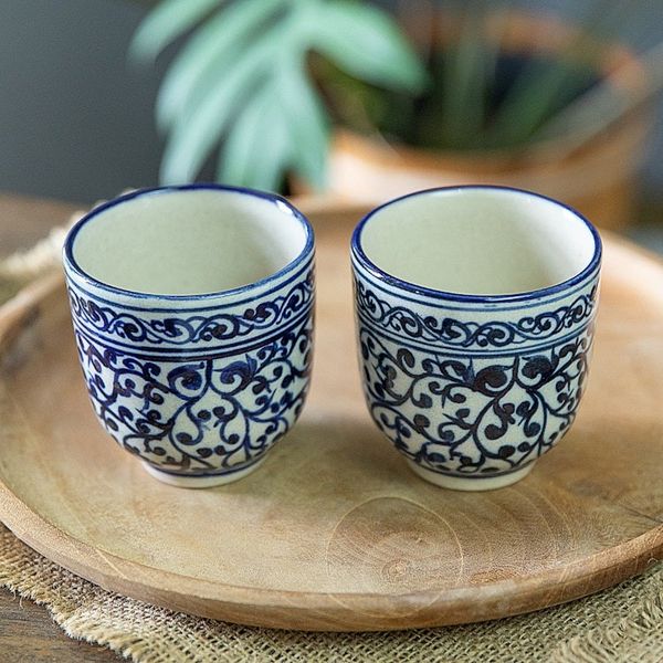 Alternate image for Set of 2 Handcrafted Classic Ceramic Cups in Blue and White Palatial Mornings