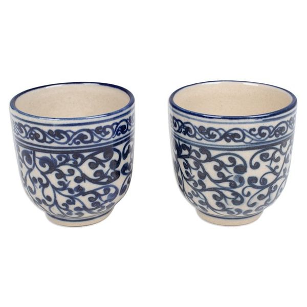 Alternate image for Set of 2 Handcrafted Classic Ceramic Cups in Blue and White Palatial Mornings