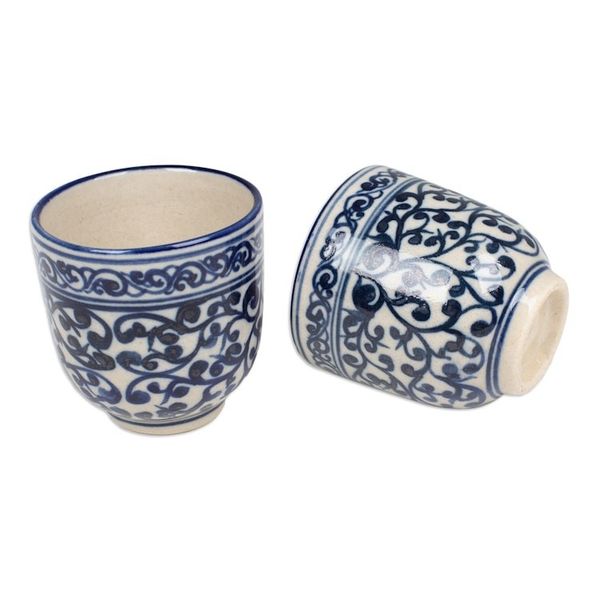 Alternate image for Set of 2 Handcrafted Classic Ceramic Cups in Blue and White Palatial Mornings