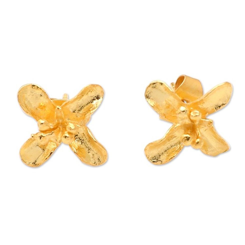 Matte Floral 18k Gold-Plated Sterling Silver Button Earrings 'Sun Clover'
