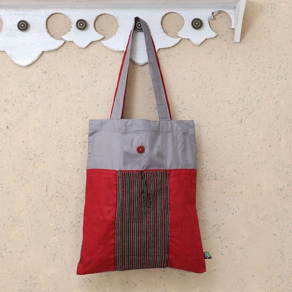 Red Foldable Cotton Tote Bag with Javanese Lurik Pattern 'Red Gejayan'