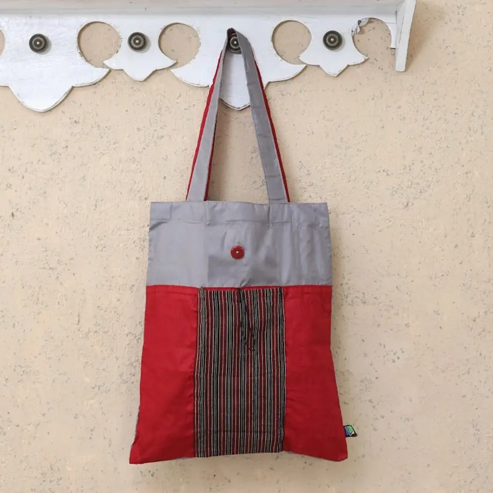 Red Foldable Cotton Tote Bag with Javanese Lurik Pattern 'Red Gejayan'