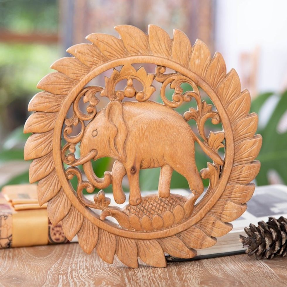 Traditional Elephant-Themed Suar Wood Relief Panel from Bali 'Elephant Mirage'
