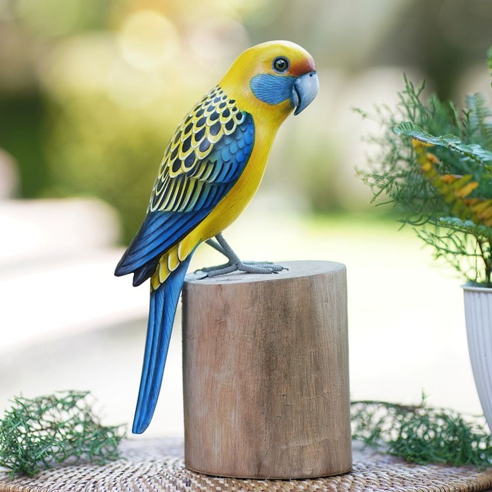 Suar and Teak Wood Bird Sculpture Hand-Carved in Indonesia 'Yellow Rosella'