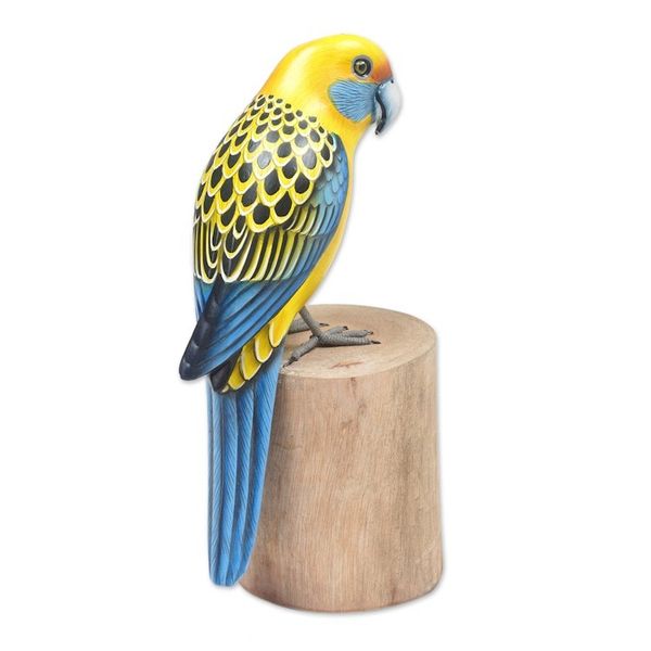 Alternate image for Suar and Teak Wood Bird Sculpture Hand-Carved in Indonesia Yellow Rosella