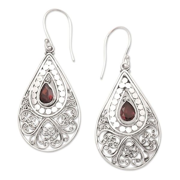 Alternate image for Natural Garnet and Sterling Silver Dangle Earrings from Bali Crimson Feeling