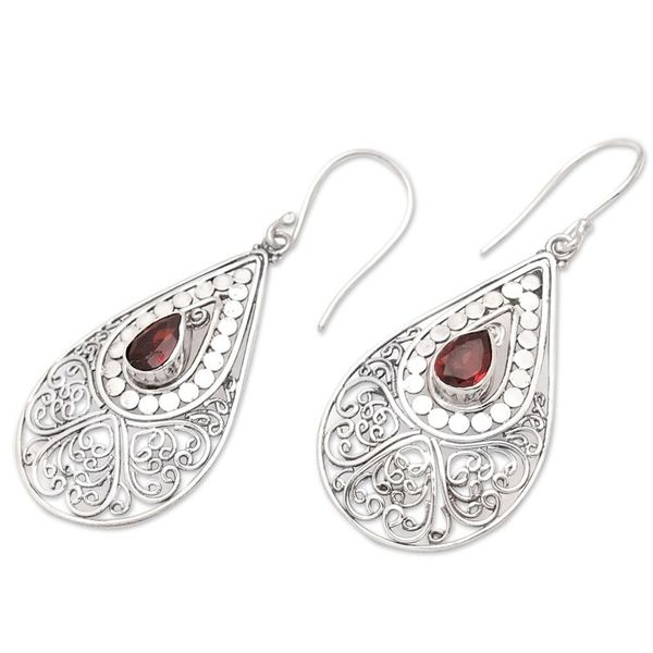 Alternate image for Natural Garnet and Sterling Silver Dangle Earrings from Bali Crimson Feeling