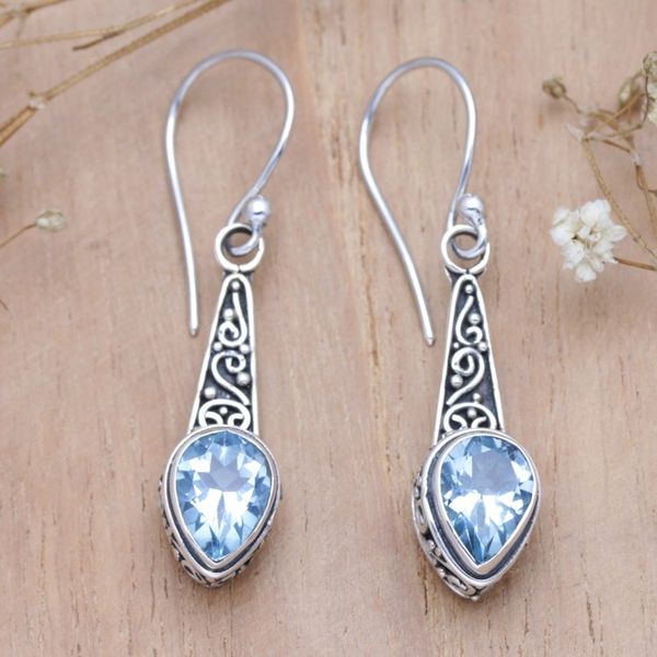 Alternate image for Faceted Two-Carat Blue Topaz Dangle Earrings Crafted in Bali Blue Balinese Heaven