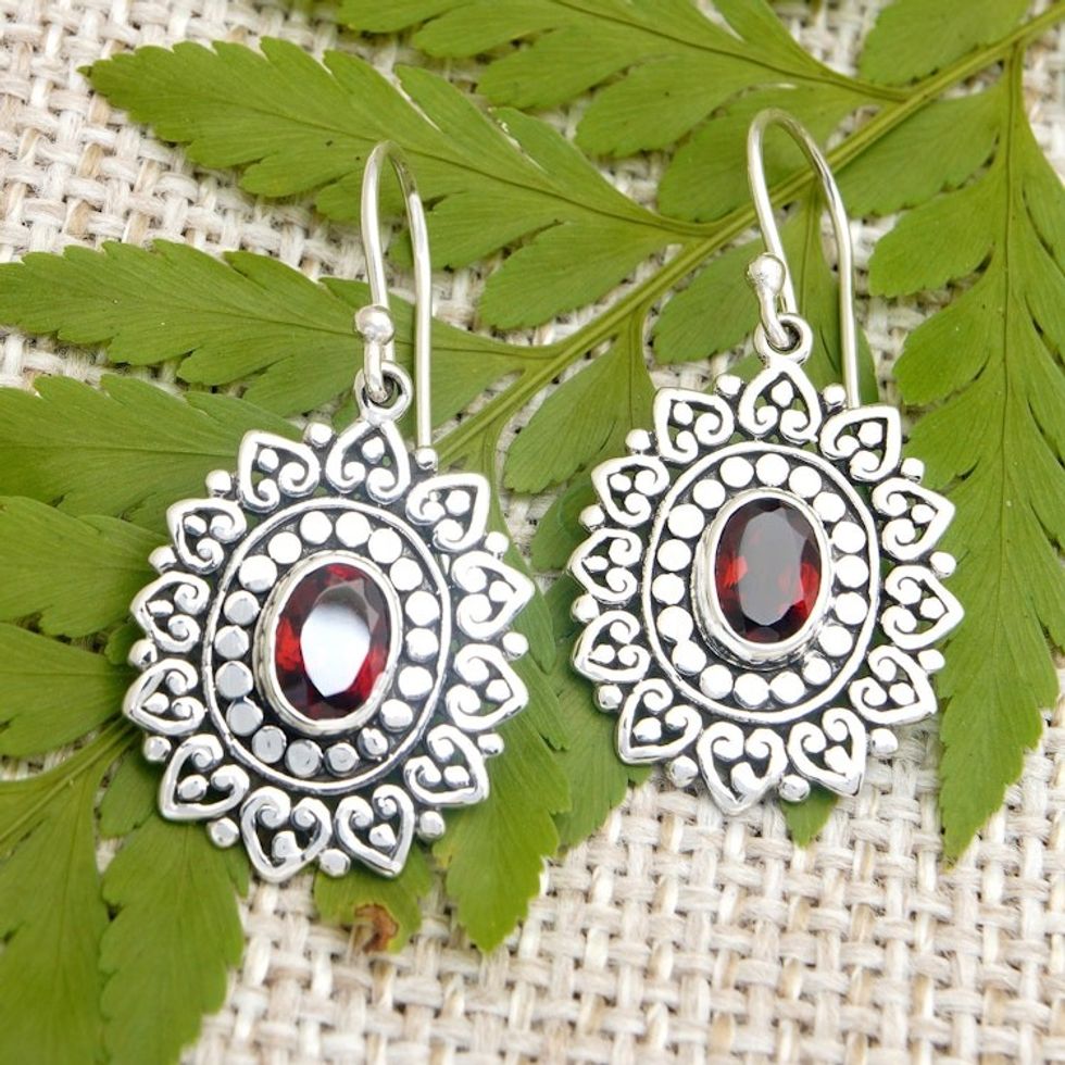 Traditional Floral Dangle Earrings with 1-Carat Garnet Gems 'Spring Commitment'