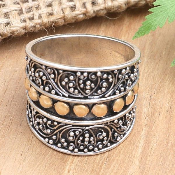 Alternate image for 18k Gold-Accented Domed Ring with Traditional Motifs Golden Signs