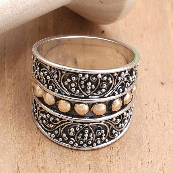 Alternate image for 18k Gold-Accented Domed Ring with Traditional Motifs Golden Signs