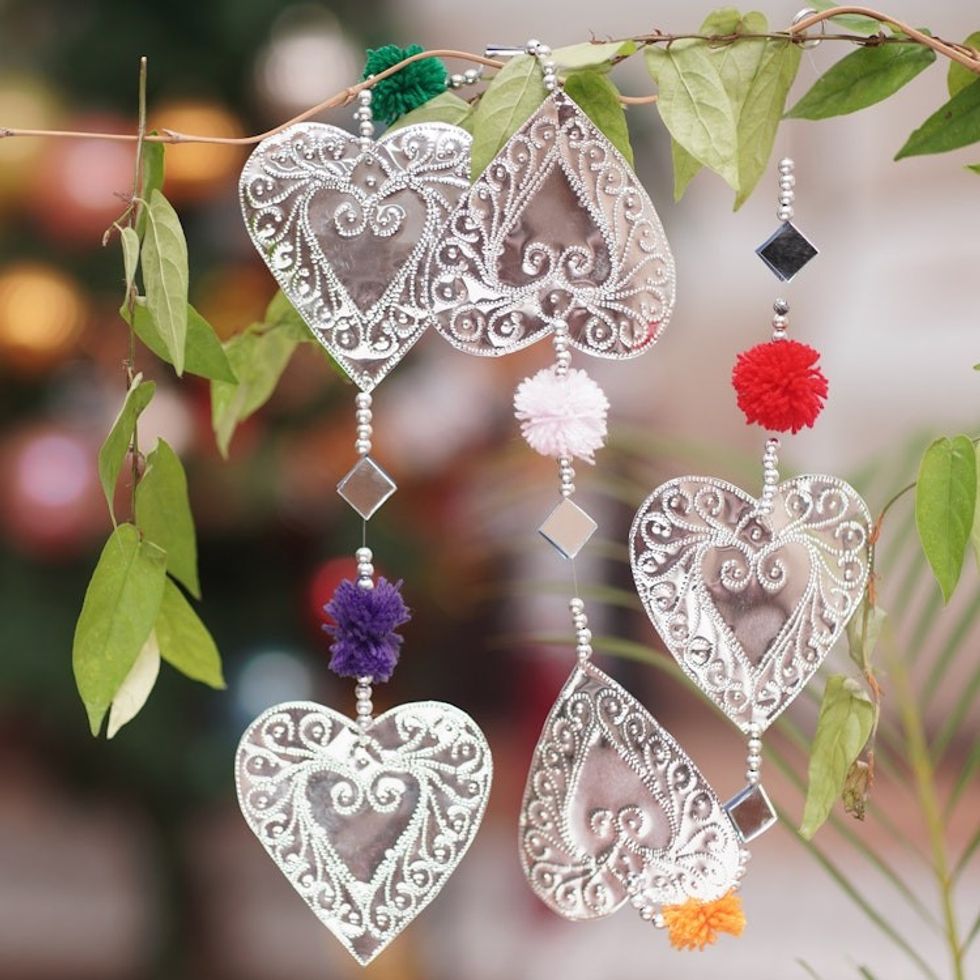 Handcrafted Aluminum Heart Garland with Colorful Pompoms 'Love Colors'