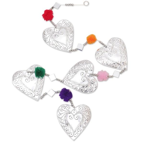 Alternate image for Handcrafted Aluminum Heart Garland with Colorful Pompoms Love Colors