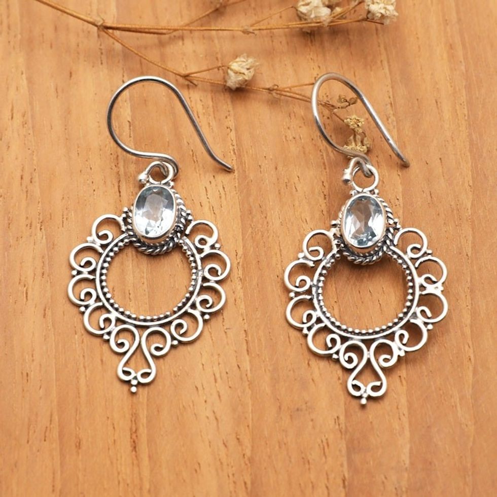 Swirling Sterling Silver Dangle Earrings with Blue Topaz 'Loyal Morning Flowers'