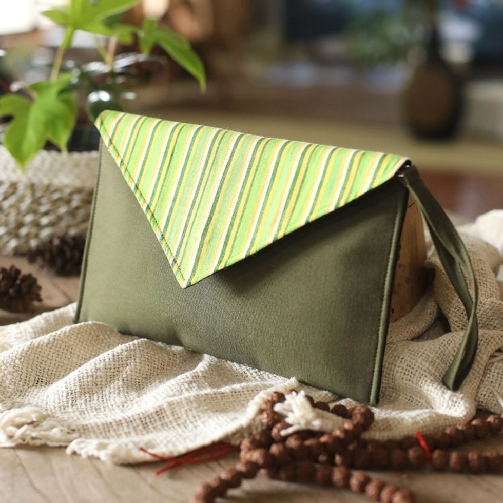Striped Green Cotton Wristlet with Removable Strap 'Lurik Amplop Green'