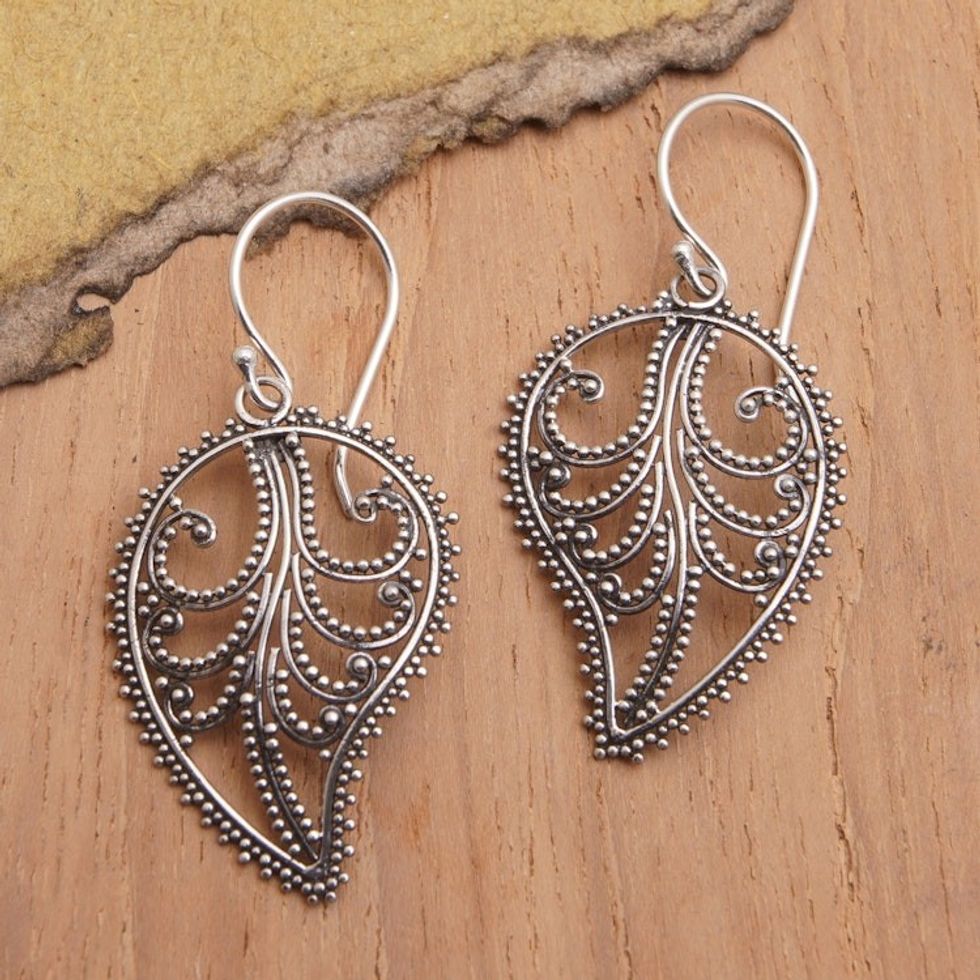 Sterling Silver Leaf Dangle Earrings with Openwork Accents 'Leaves of Fall'