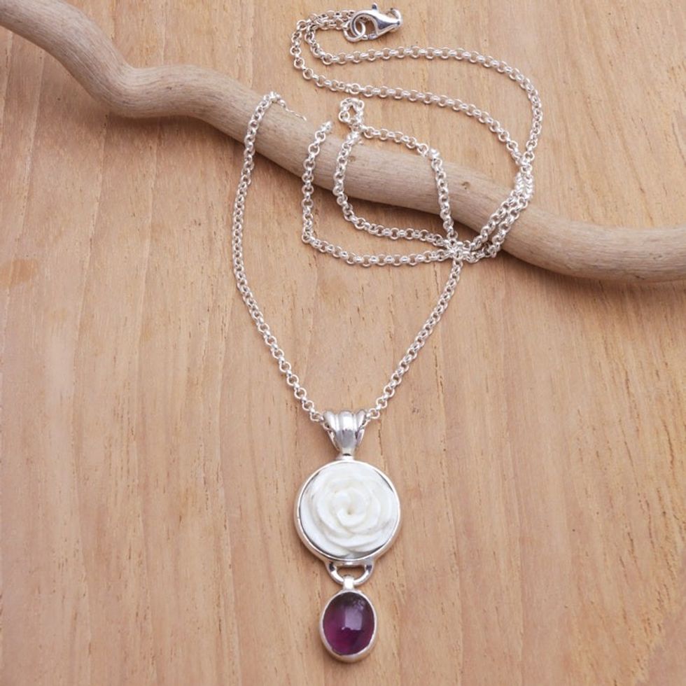 Sterling Silver Rose Pendant Necklace with Amethyst Stone 'Exquisite Rose'