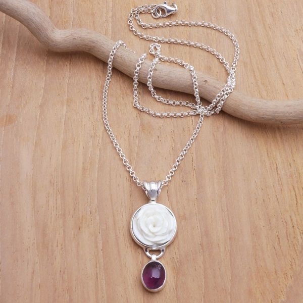 Alternate image for Sterling Silver Rose Pendant Necklace with Amethyst Stone Exquisite Rose
