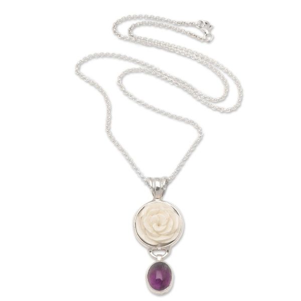 Alternate image for Sterling Silver Rose Pendant Necklace with Amethyst Stone Exquisite Rose