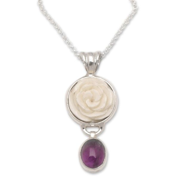 Alternate image for Sterling Silver Rose Pendant Necklace with Amethyst Stone Exquisite Rose