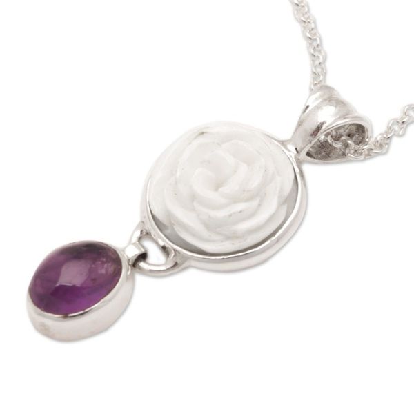 Alternate image for Sterling Silver Rose Pendant Necklace with Amethyst Stone Exquisite Rose