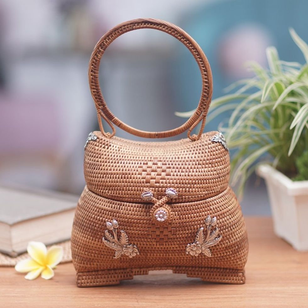 Natural Fiber Handbag with Sterling Silver Floral Motifs 'Ethereal Garden'