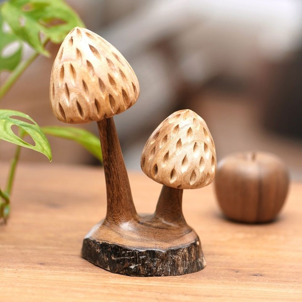 Handmade Jempinis Wood Mushroom Sculpture with Benalu Base 'Botanical Mushroom'