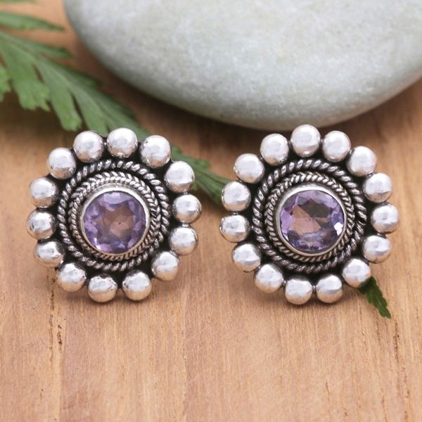 Alternate image for Sterling Silver and Amethyst Floral Drop Earrings from Bali Heavenly Flower in Purple