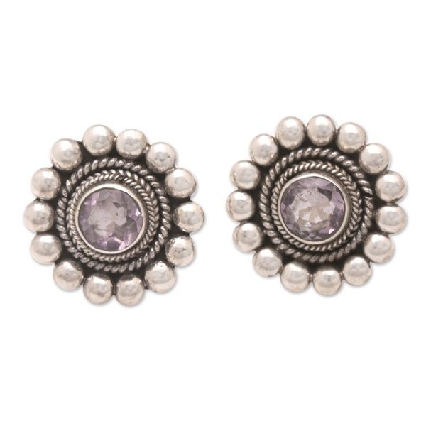 Alternate image for Sterling Silver and Amethyst Floral Drop Earrings from Bali Heavenly Flower in Purple