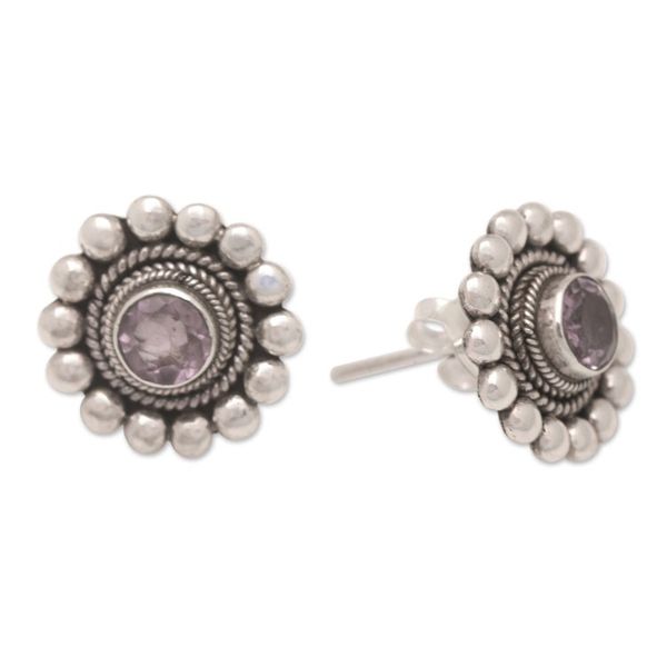 Alternate image for Sterling Silver and Amethyst Floral Drop Earrings from Bali Heavenly Flower in Purple
