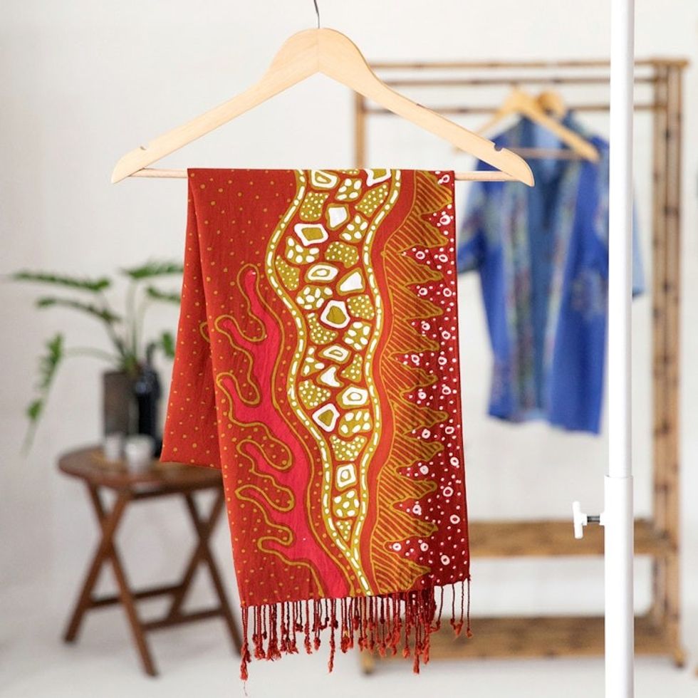 Warm-Toned Handcrafted Batik Rayon Shawl from Java 'Shore Sunset'