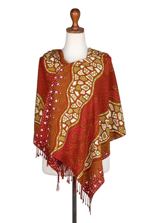 Alternate image for Warm-Toned Handcrafted Batik Rayon Shawl from Java Shore Sunset