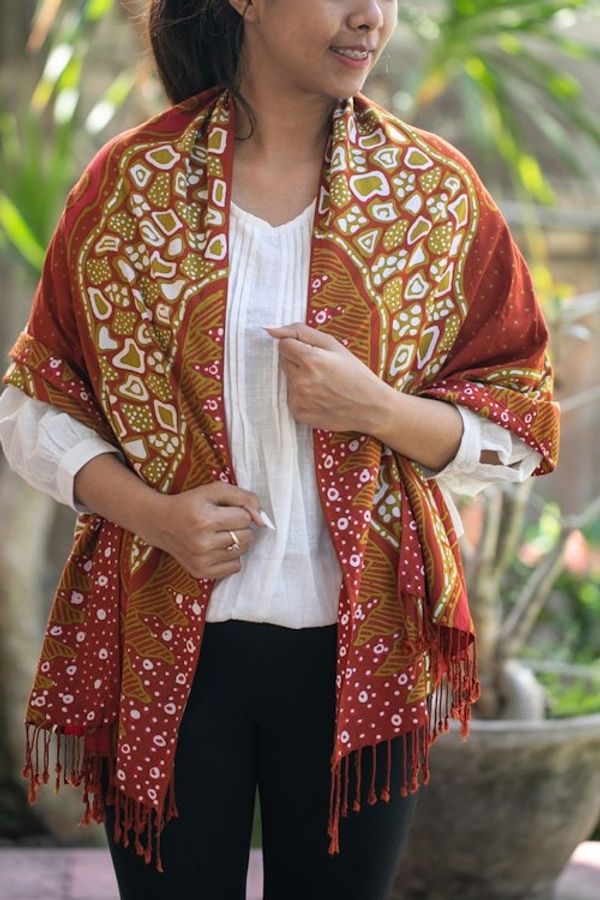 Alternate image for Warm-Toned Handcrafted Batik Rayon Shawl from Java Shore Sunset