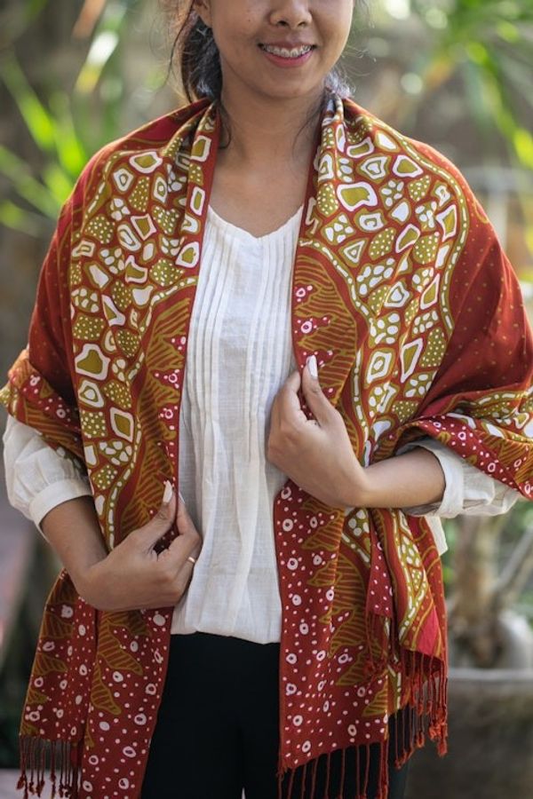 Alternate image for Warm-Toned Handcrafted Batik Rayon Shawl from Java Shore Sunset