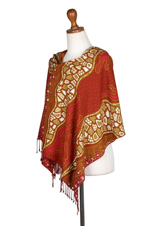 Alternate image for Warm-Toned Handcrafted Batik Rayon Shawl from Java Shore Sunset