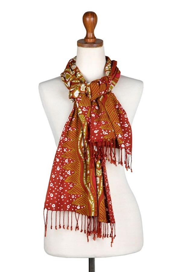 Alternate image for Warm-Toned Handcrafted Batik Rayon Shawl from Java Shore Sunset