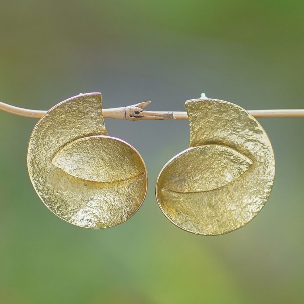 Textured Brass Drop Earrings Crafted in Bali 'Sinuous Shine'