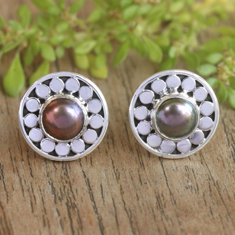 Round Sterling Silver Stud Earrings with Cultured Pearls 'Fabulous Flair'