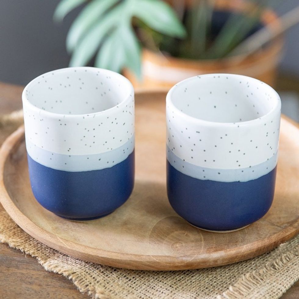 Set of 2 Speckled Ceramic Cups in Blue and White Hues 'Snowy Midnight'