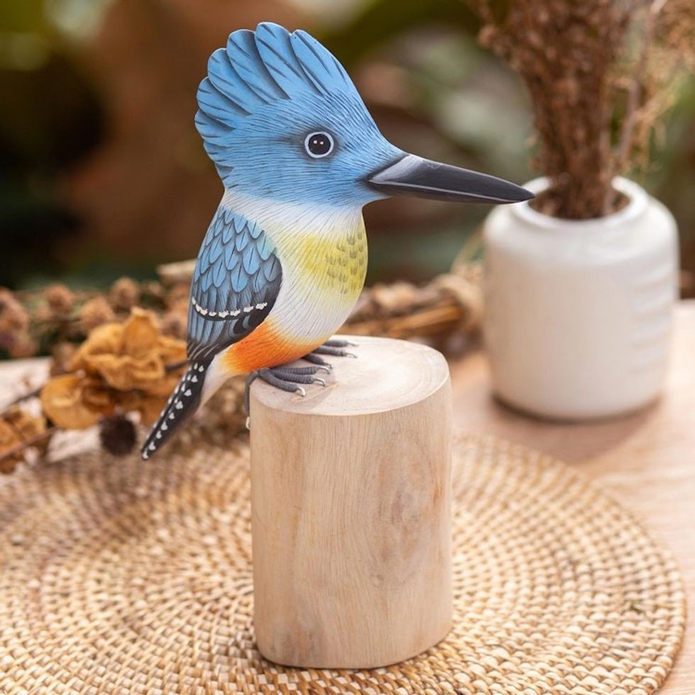 Teak Suar Wood Bird Statuette Carved and Painted by Hand 'Belted Kingfisher'