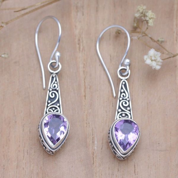 Alternate image for Faceted One-Carat Amethyst Dangle Earrings Crafted in Bali Purple Balinese Heaven