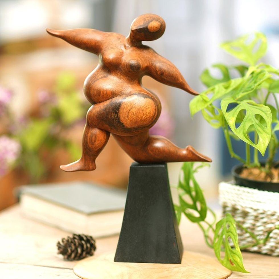 Hand-Carved Inspirational Suar Wood Sculpture of a Woman 'Dance of Happiness'
