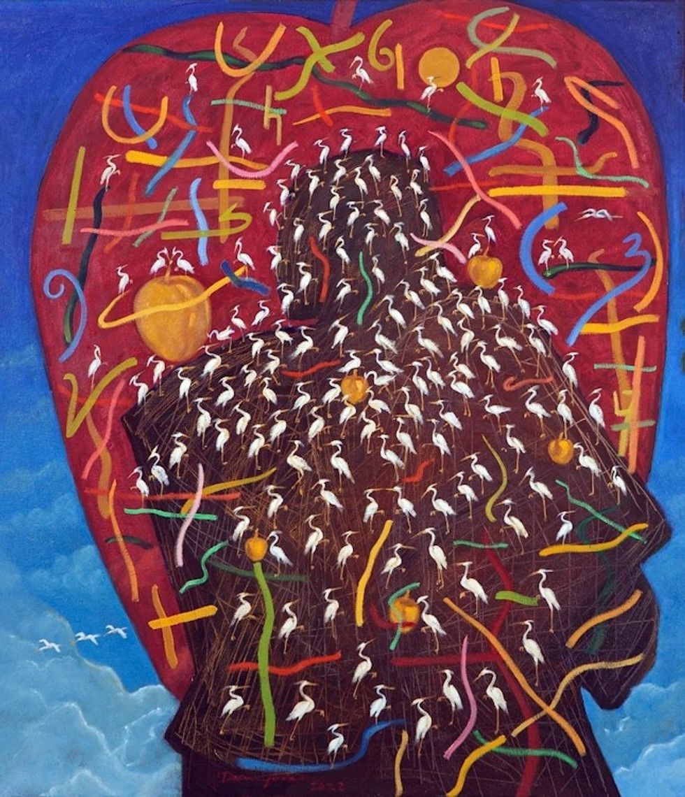 Oil on Canvas Surrealist Painting of Storks from Indonesia 'Competition Dynamic'