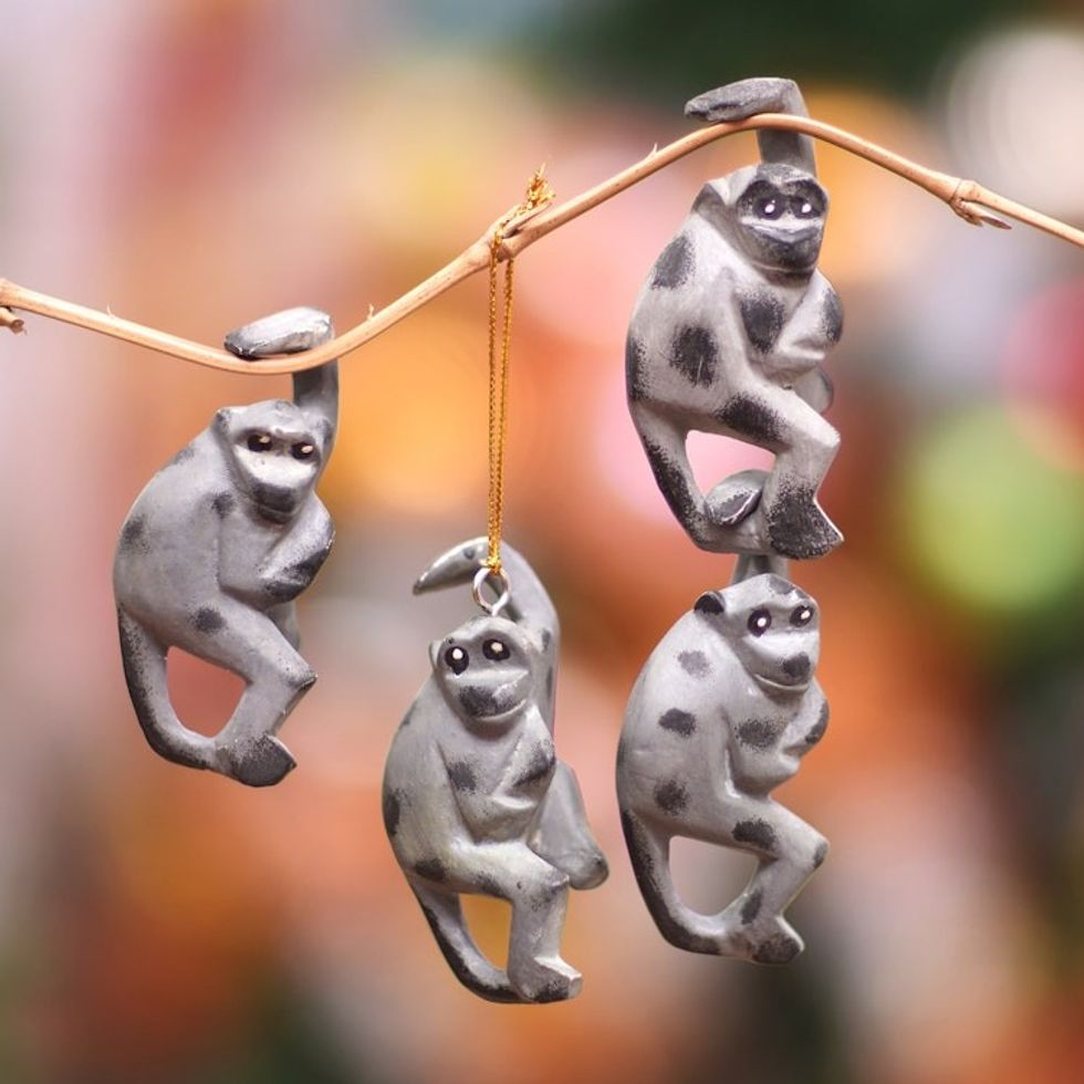 Handcrafted Jempinis Wood Monkey Ornaments Set of 4 'Jungle Celebration'