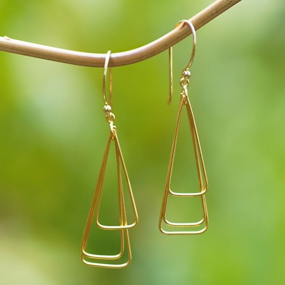 18k Gold-Plated Brass Triangle Dangle Earrings from Bali 'Pyramid Queen'