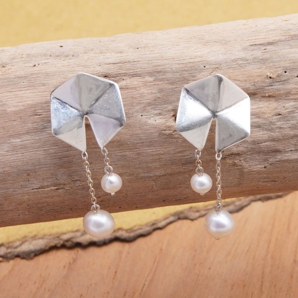Geometric Sterling Silver Dangle Earrings with Grey Pearls 'Origami Lanterns'